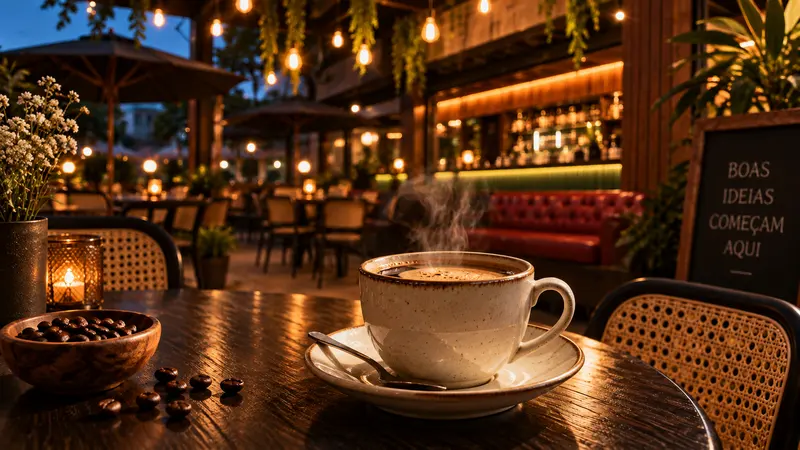 Xícara de café fumegante sobre a mesa, à noite, com luzes penduradas, o bar iluminado ao fundo e uma lousa à direita.