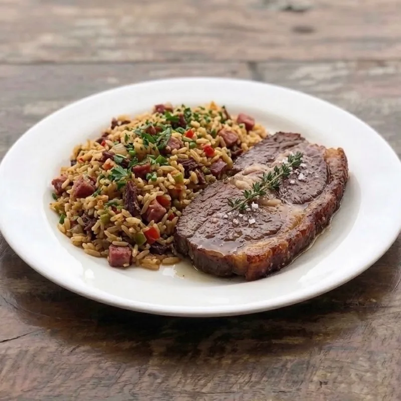 Prato do dia servido no almoço do Família Paulista: bife ancho grelhado com ramo de tomilho e sal grosso, ao lado de arroz temperado com linguiça, pimentão e cheiro-verde.
