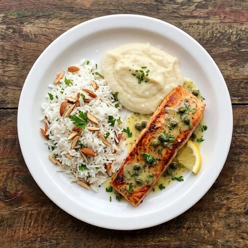 Prato do dia servido no almoço do Família Paulista: posta de salmão grelhada ao molho de alcaparras, arroz com amêndoas laminadas e salsinha, purê e um gomo de limão.